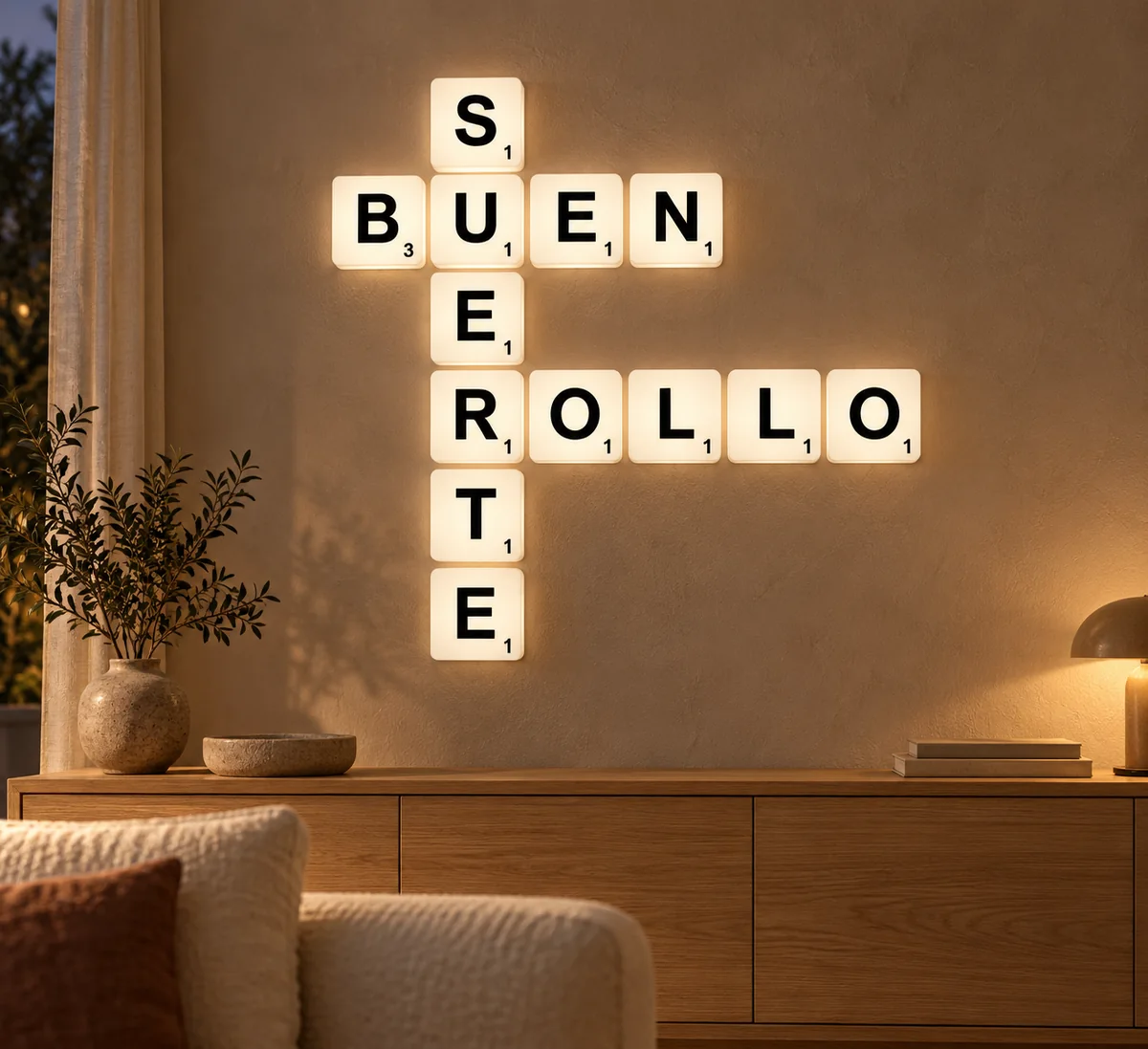 Simulación generada de fichas luminosas formando las palabras cruzadas BUEN ROLLO · SUERTE en un interior doméstico