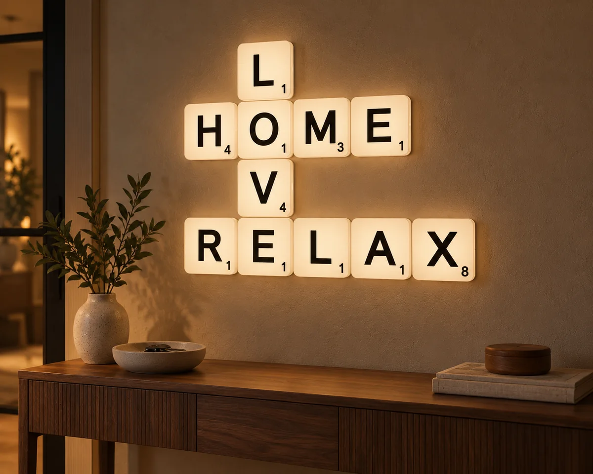 Simulación generada de fichas luminosas formando las palabras cruzadas HOME · LOVE · RELAX en un interior doméstico