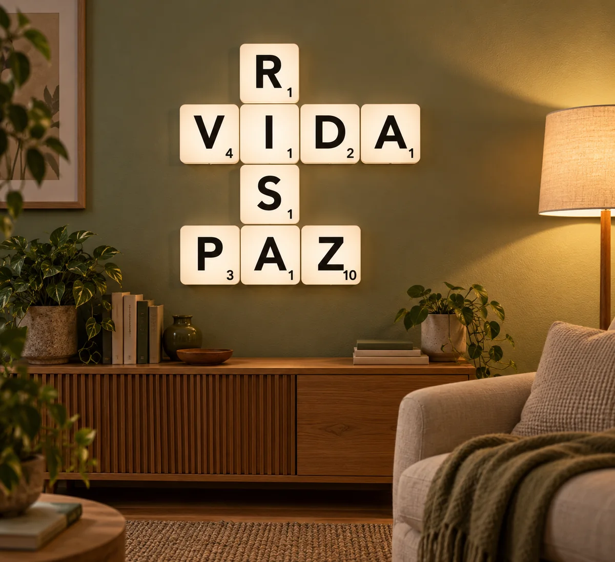 Simulación generada de fichas luminosas formando las palabras cruzadas VIDA · RISA · PAZ en un interior doméstico